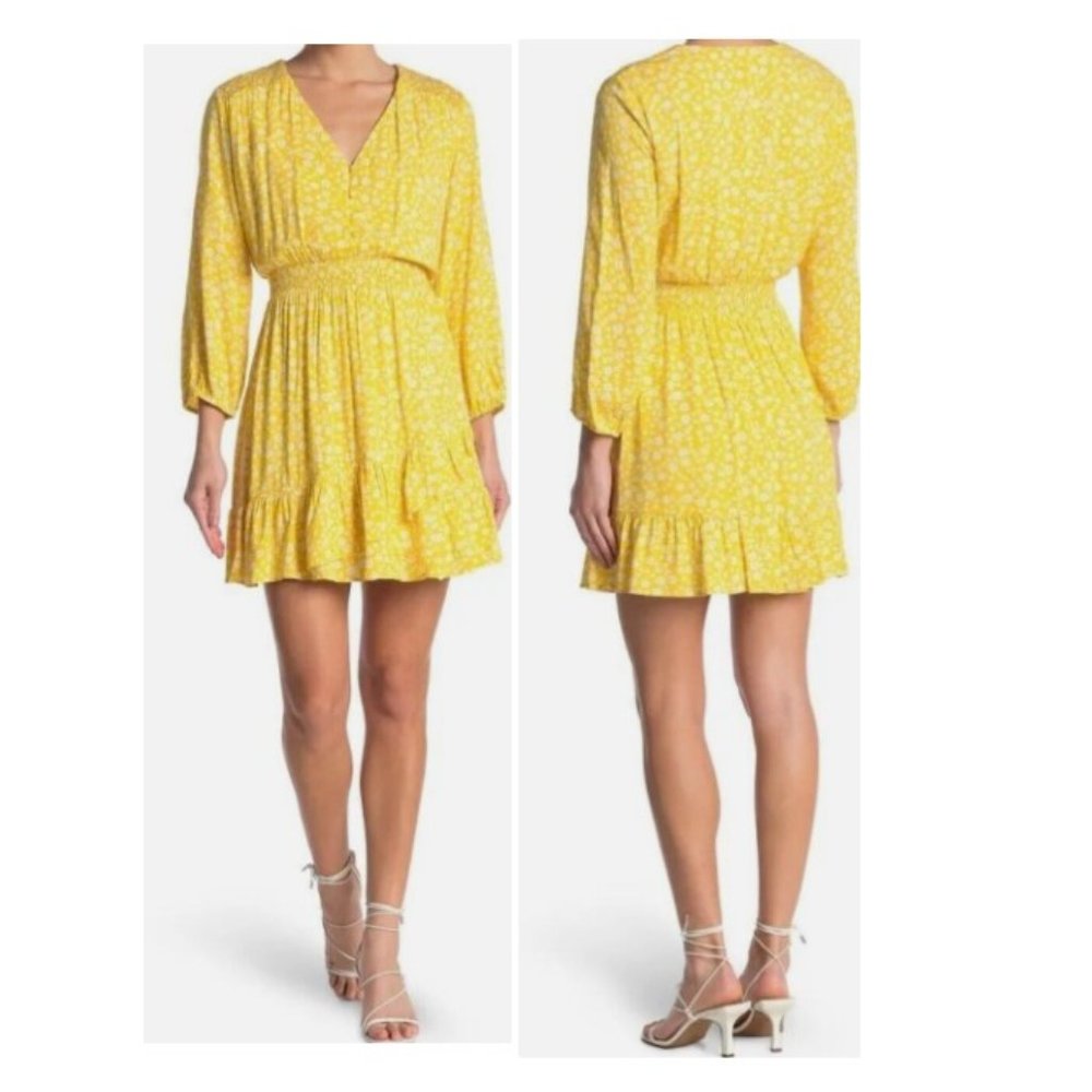 Collective Concepts Long Sleeve Button Front Floral Print Dress Yellow Sz Large